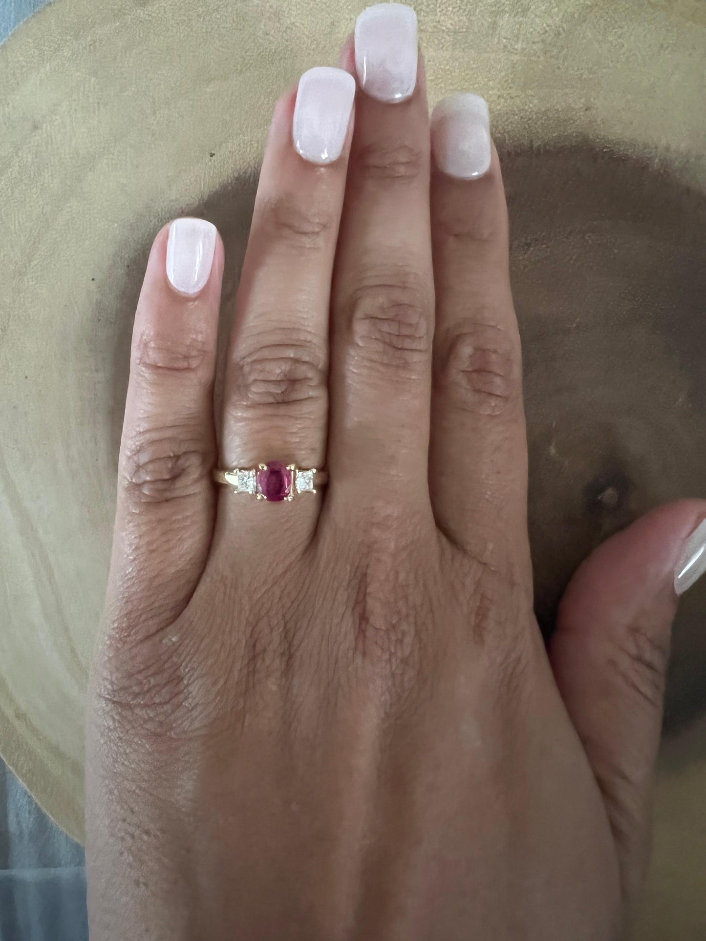 0.94 Ruby Diamond 14 Karat Yellow Gold Three Stone Ring