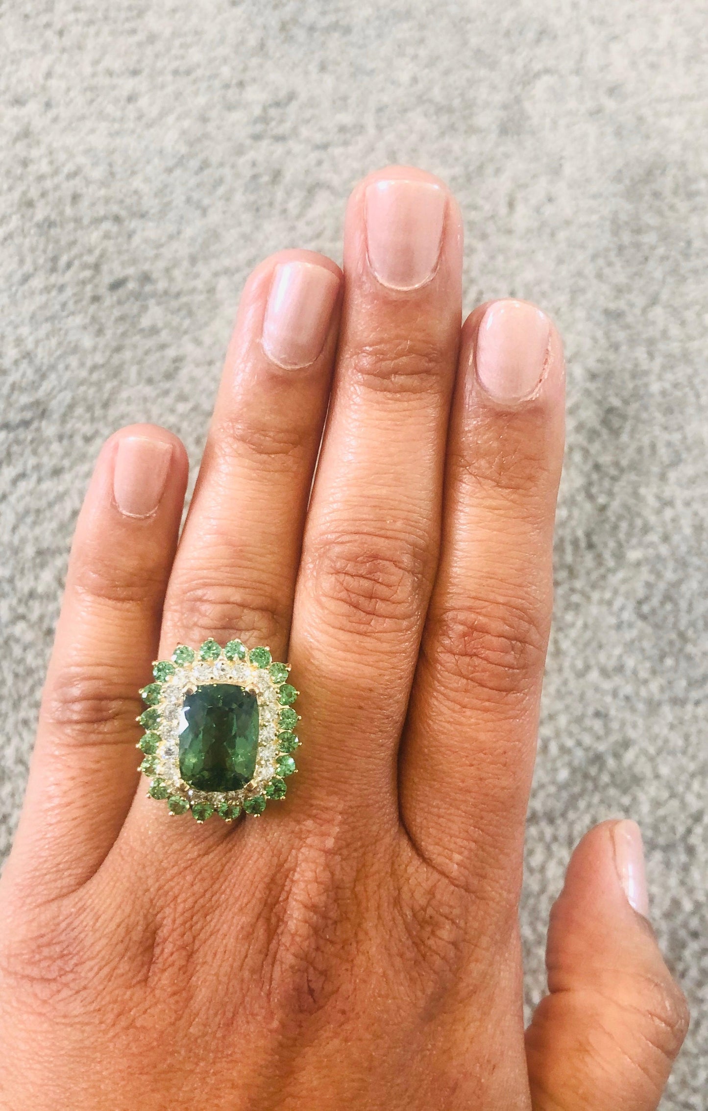 10.49 Carat Green Tourmaline Diamond 14 Karat Yellow Gold Cocktail Ring