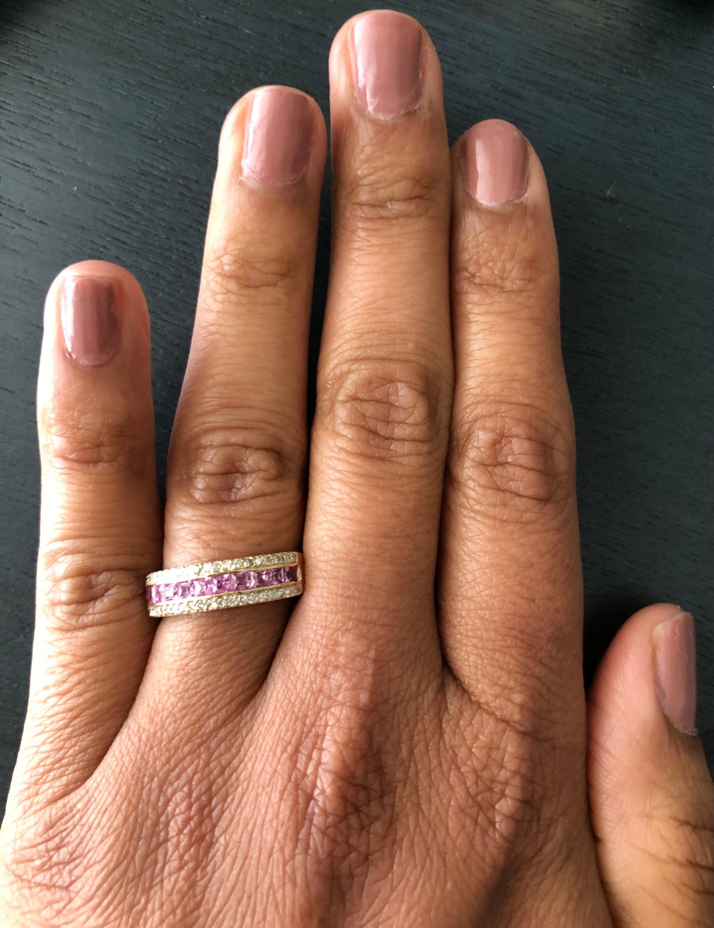 1.17 Carat Pink Sapphire Diamond Yellow Gold Band