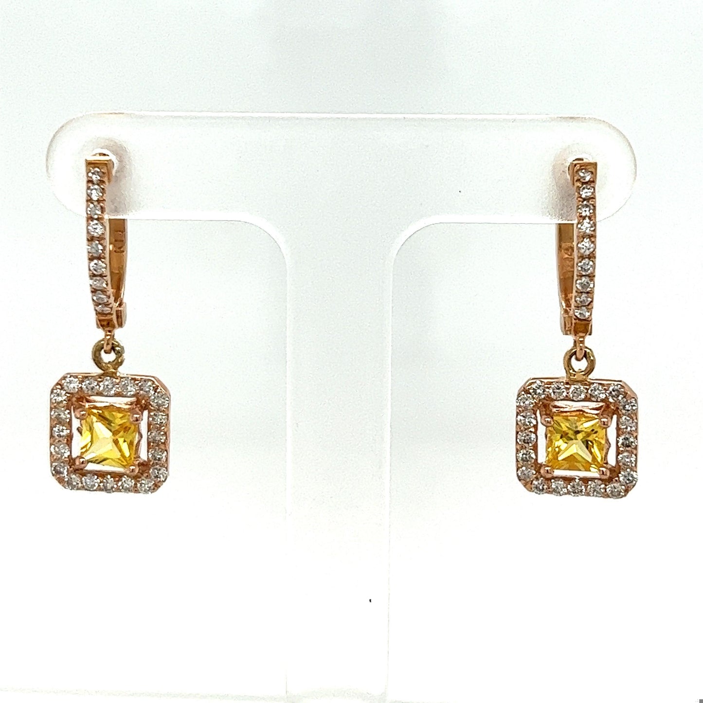 1.71 Carat Yellow Sapphire Diamond Rose Gold Drop Earrings