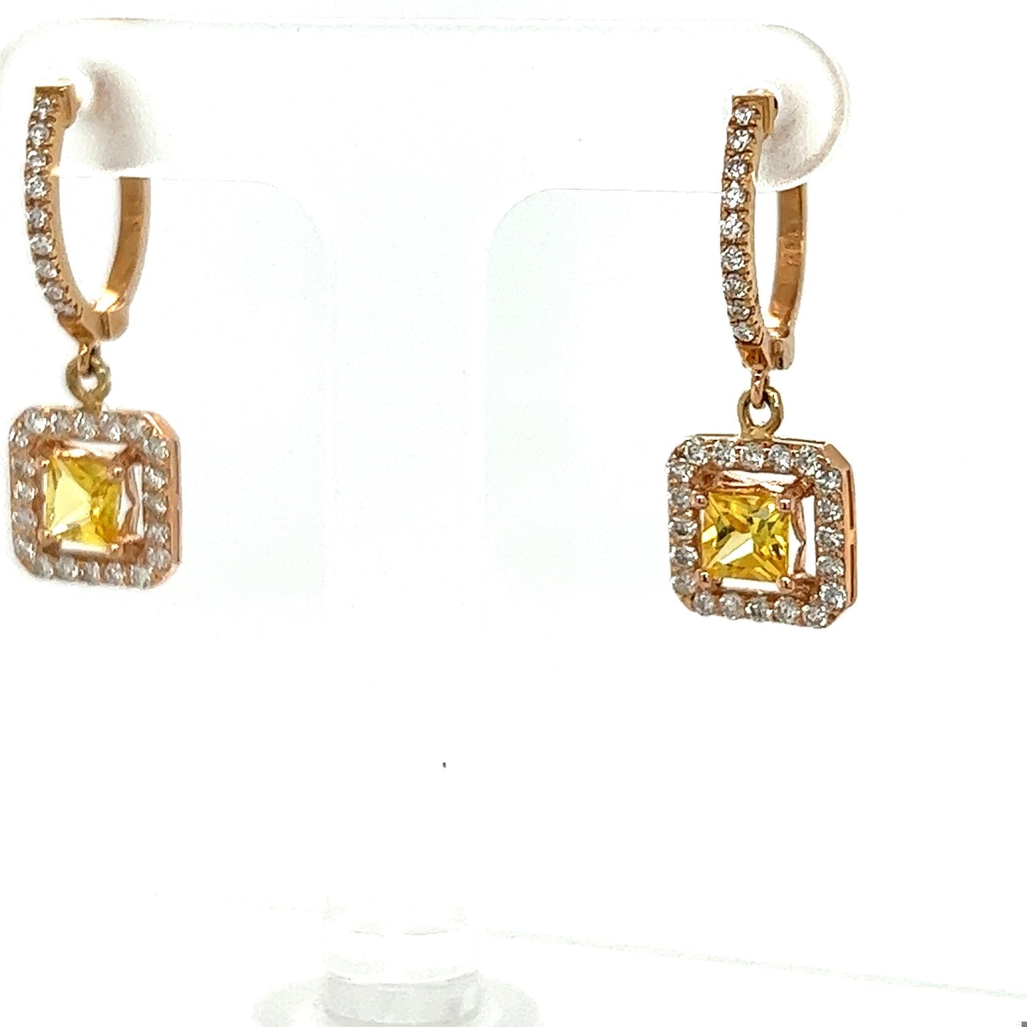 1.71 Carat Yellow Sapphire Diamond Rose Gold Drop Earrings