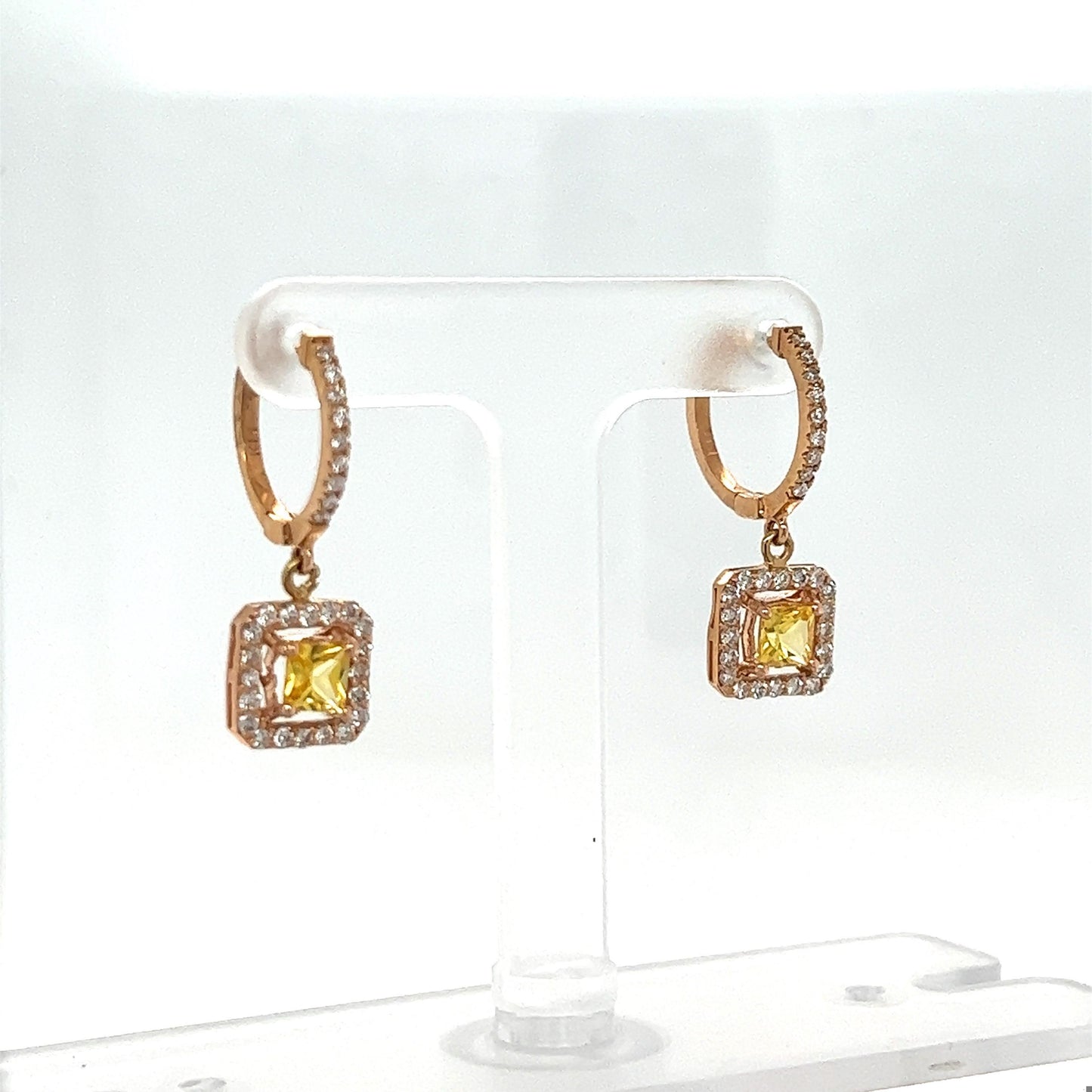 1.71 Carat Yellow Sapphire Diamond Rose Gold Drop Earrings