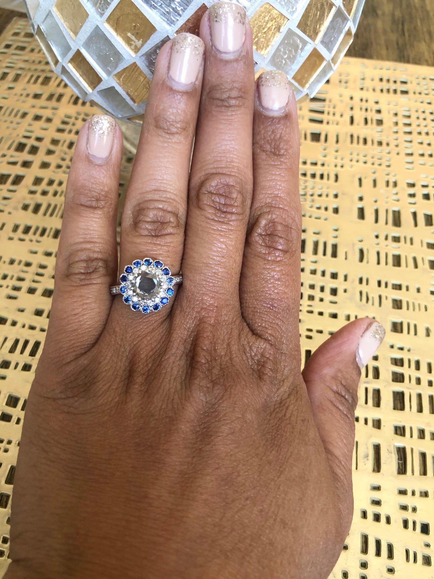 1.72 Carat Rose Cut Diamond Sapphire 18 Karat White Gold Ring