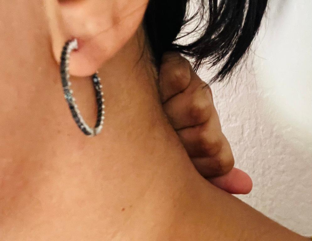 1.73 Carat Black Diamond 14 Karat White Gold Hoop Earrings