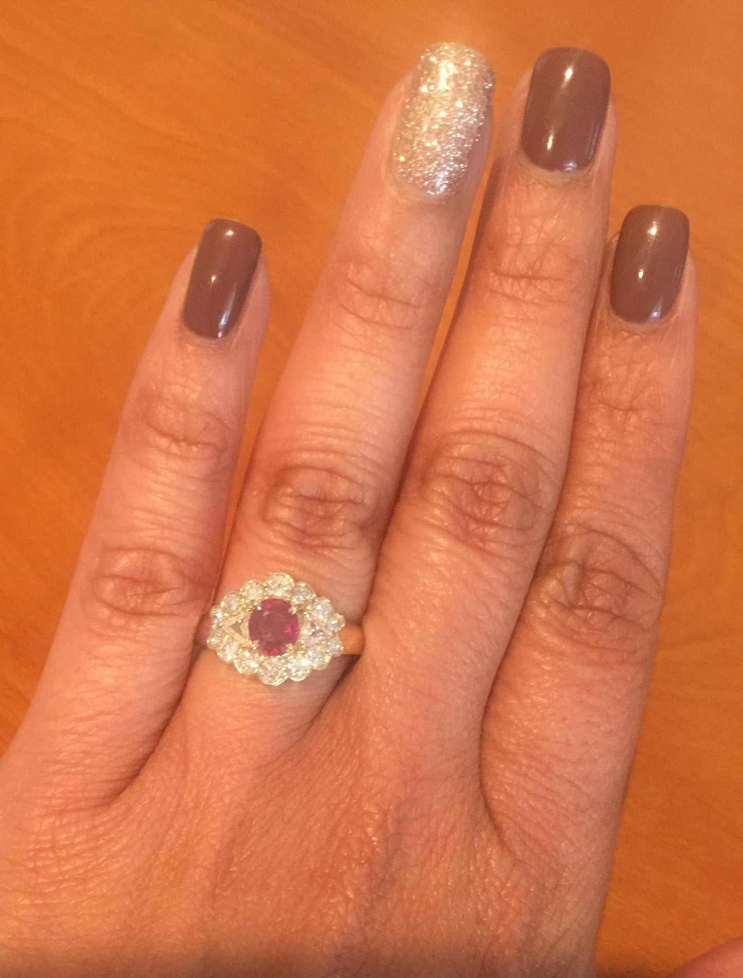 1.75 Carat Oval Cut Burmese Ruby Diamond 14 Karat Yellow Gold Cluster Ring
