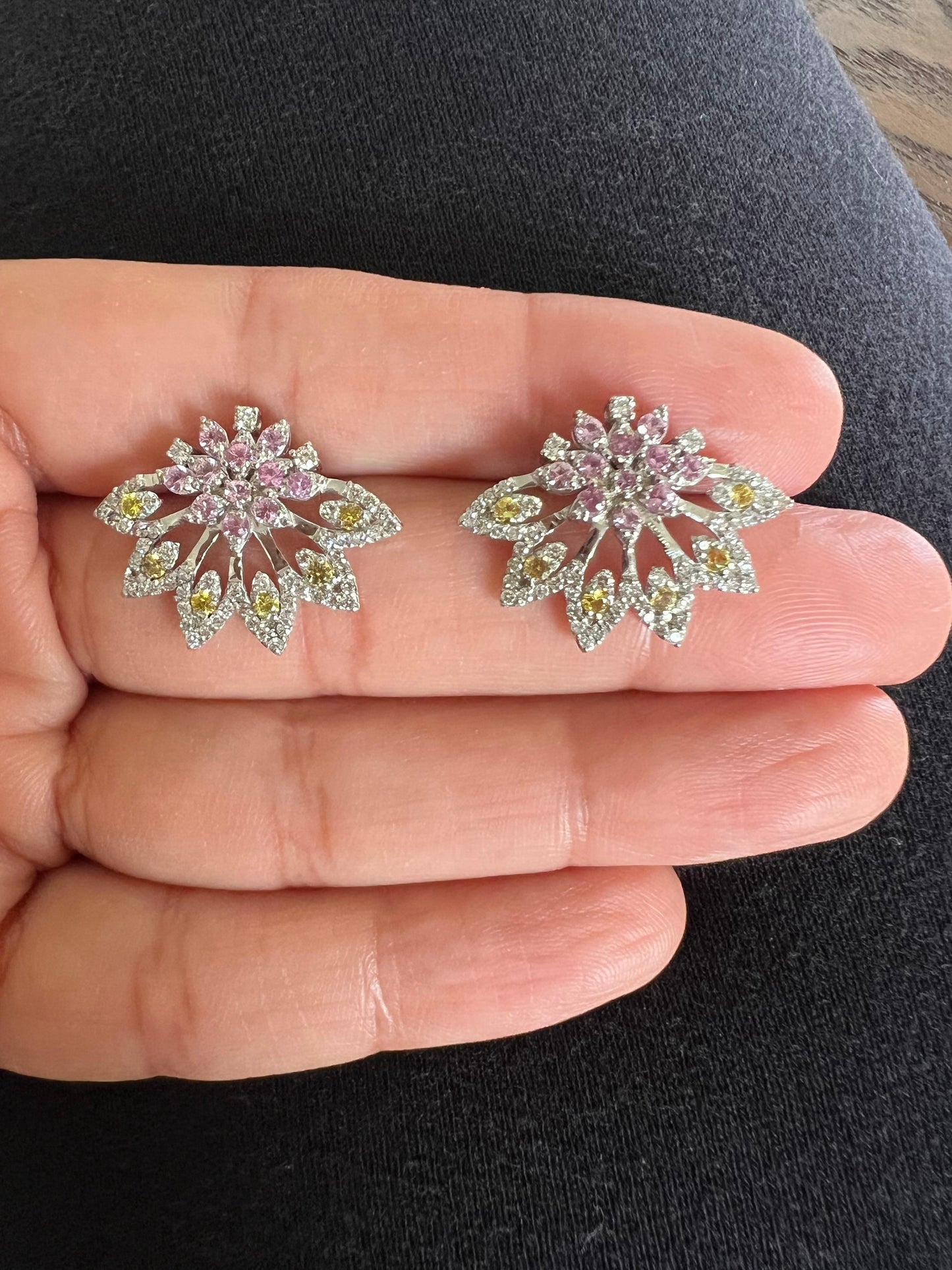 1.81 Carat Pink Sapphire Yellow Sapphire Diamond White Gold Earrings