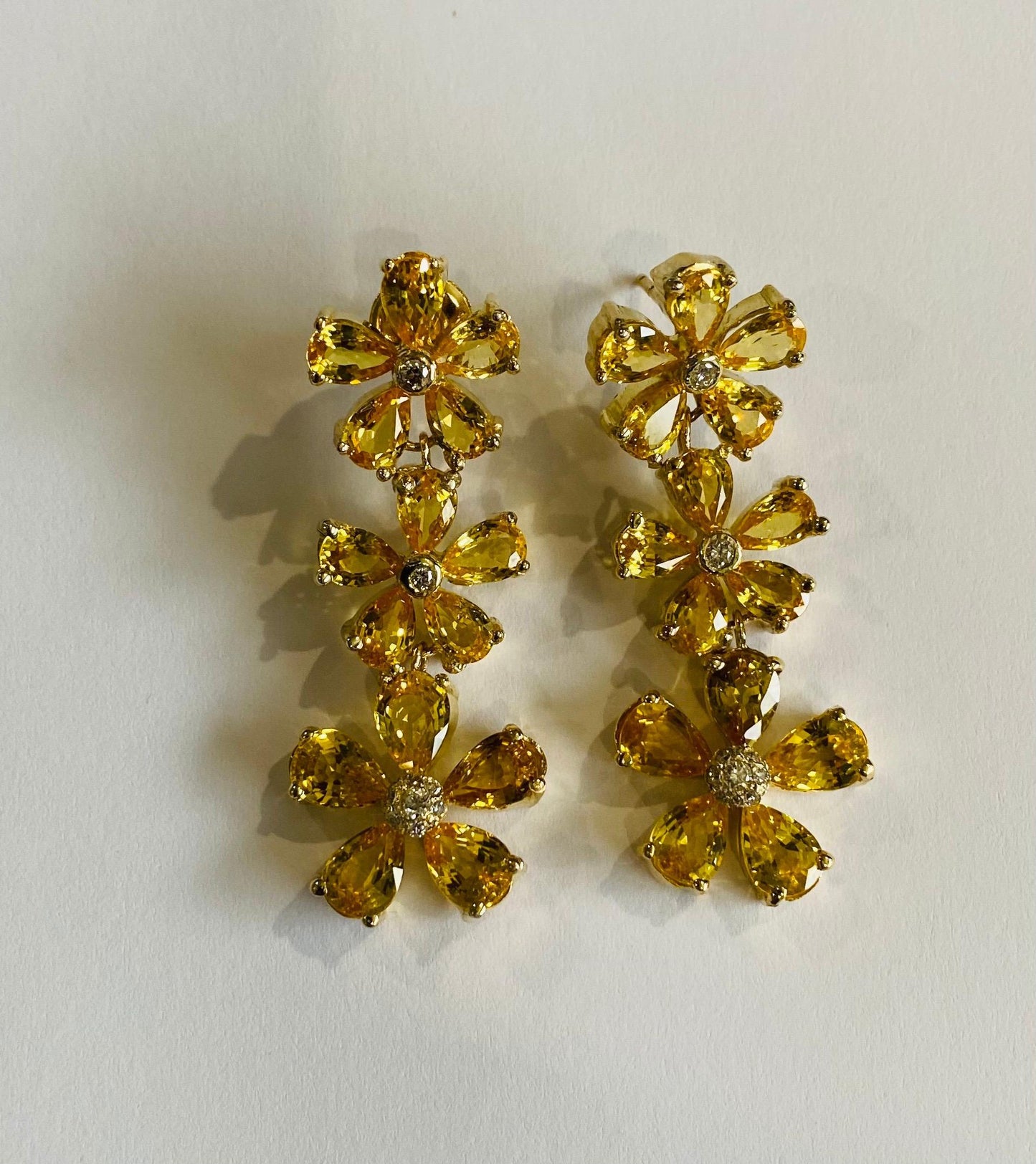 19.90 Carat Yellow Sapphire Diamond 18 Karat Yellow Gold Drop Earrings