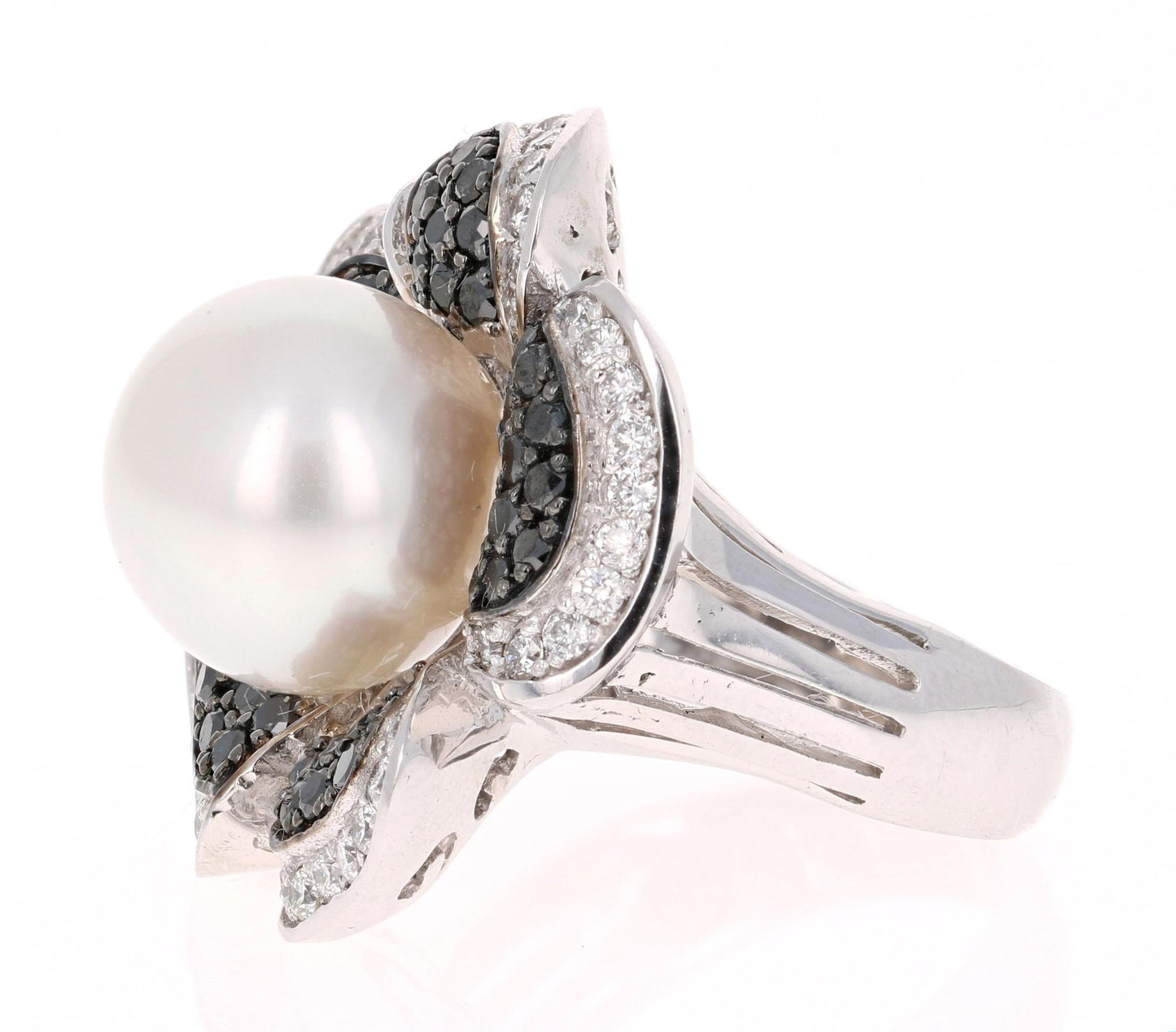 2.08 Carat South Sea Pearl Black White Diamond White Gold Cocktail Ring