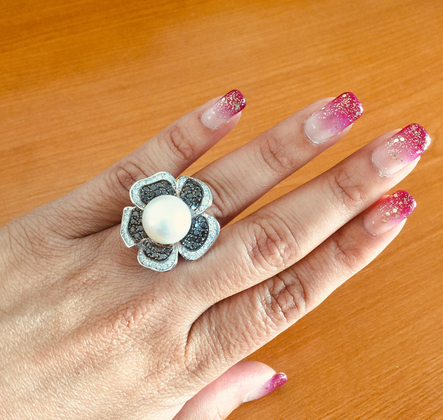 2.08 Carat South Sea Pearl Black White Diamond White Gold Cocktail Ring