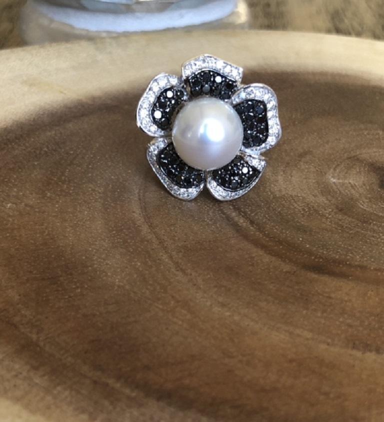 2.08 Carat South Sea Pearl Black White Diamond White Gold Cocktail Ring