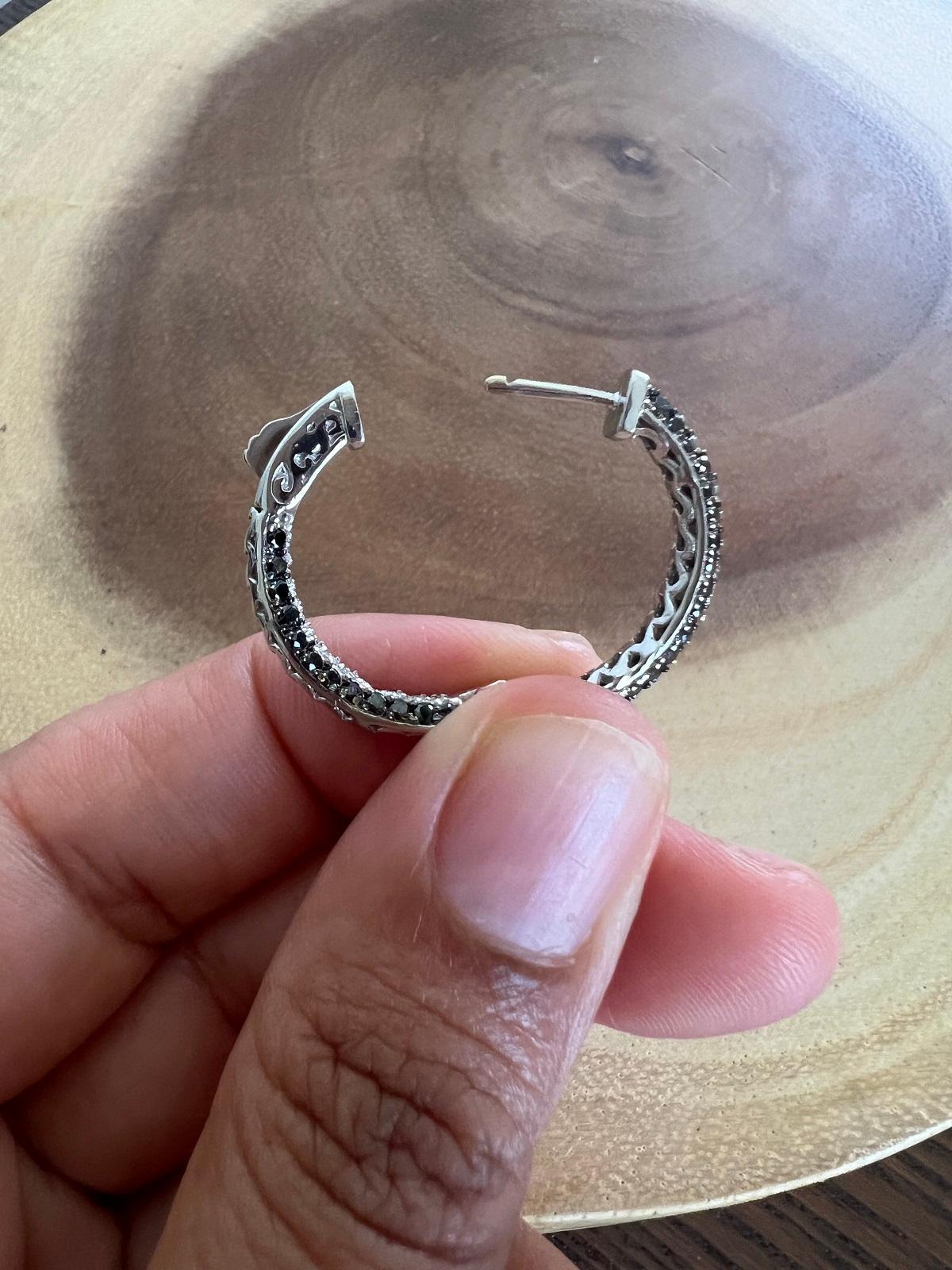 2.75 Carat Black Diamond White Diamond White Gold Hoop Earrings