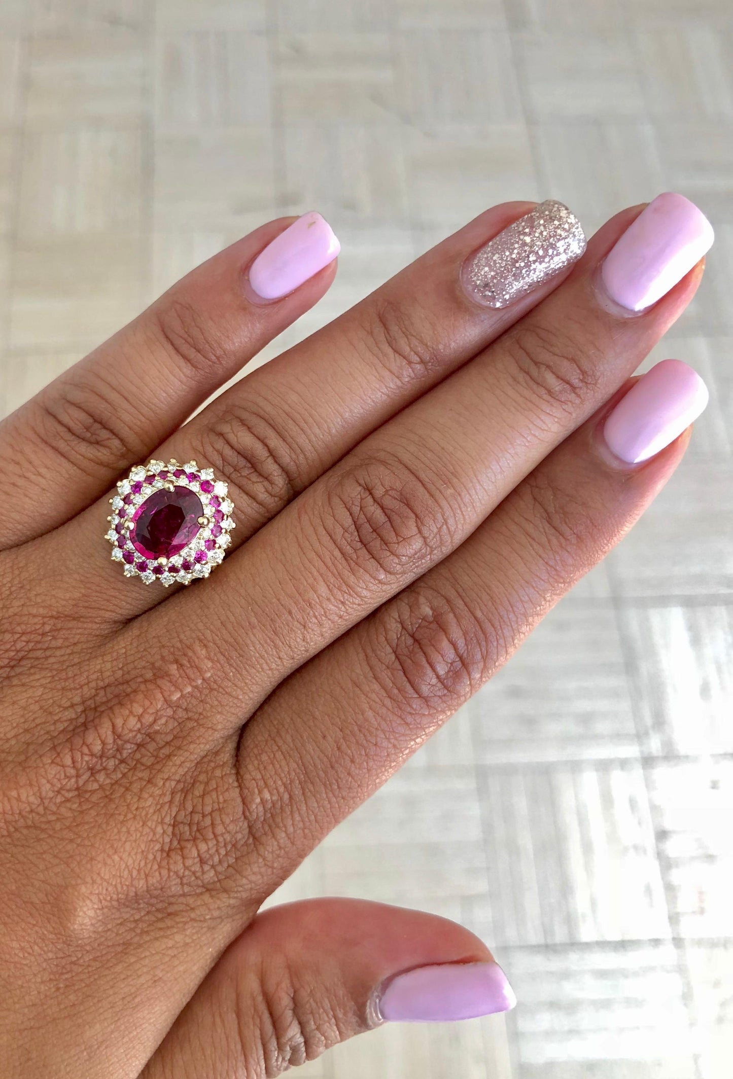 3.03 Carat Tourmaline Sapphire Diamond Yellow Gold Cluster Ring