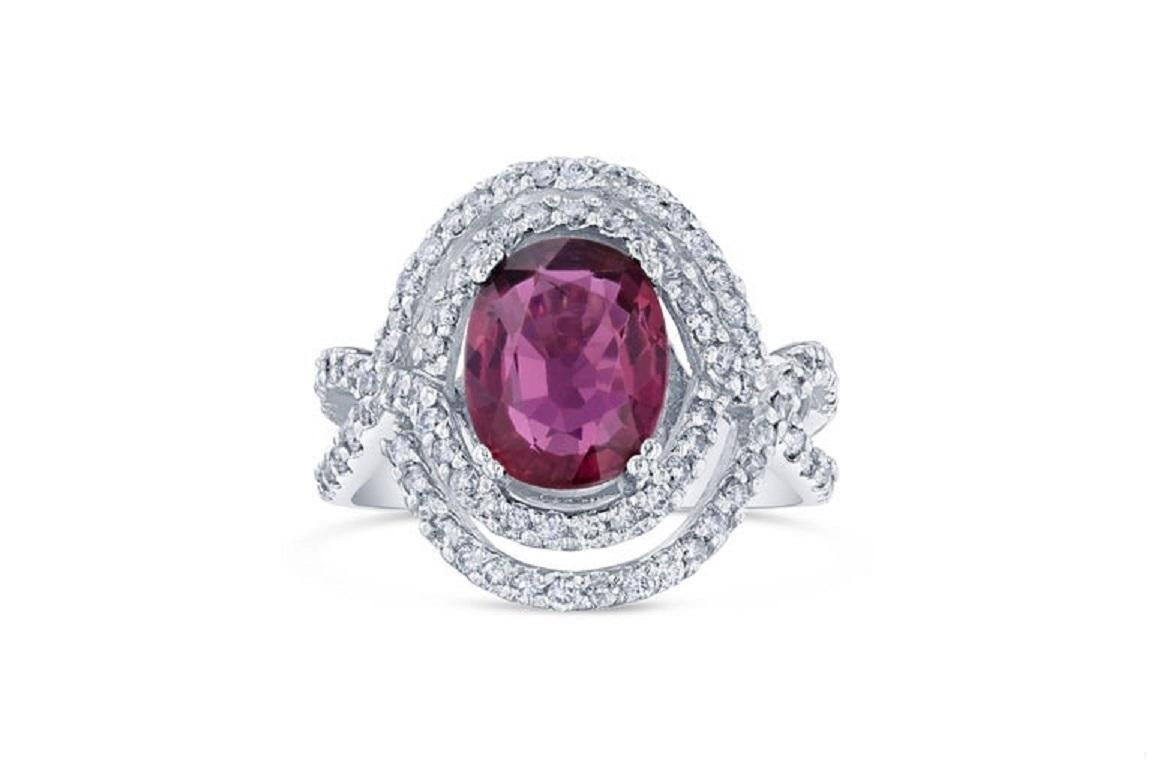 3.15 Carat Oval Cut Pink Tourmaline Diamond White Gold Cocktail Ring