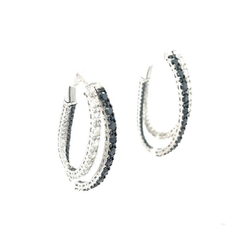 3.34 Carat Black Diamond White Diamond 14 Karat White Gold Double Hoop Earrings