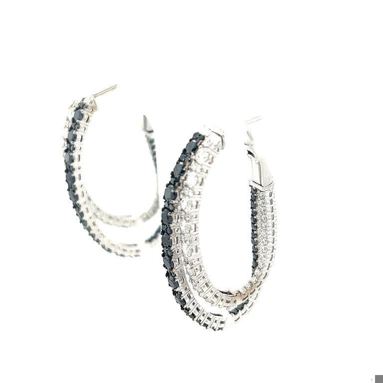 3.34 Carat Black Diamond White Diamond 14 Karat White Gold Double Hoop Earrings
