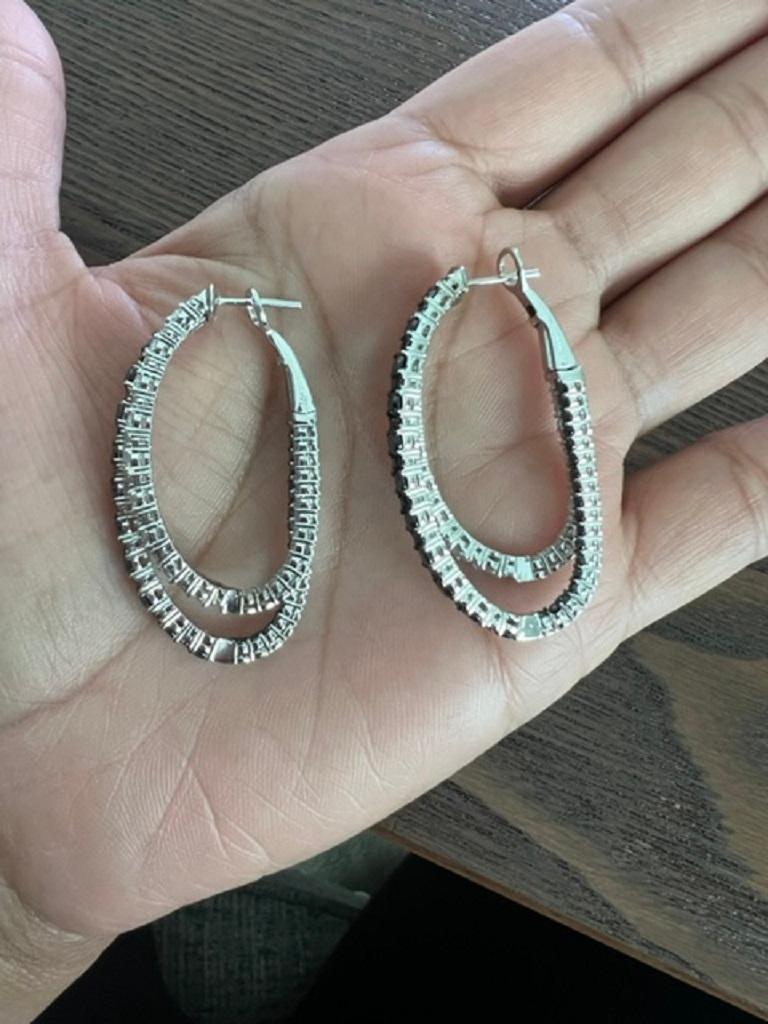 3.34 Carat Black Diamond White Diamond 14 Karat White Gold Double Hoop Earrings