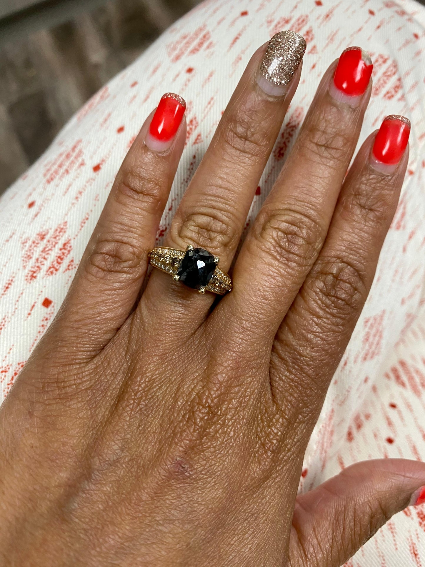 3.38 Carat Black White Diamond 14 Karat Yellow Gold Ring