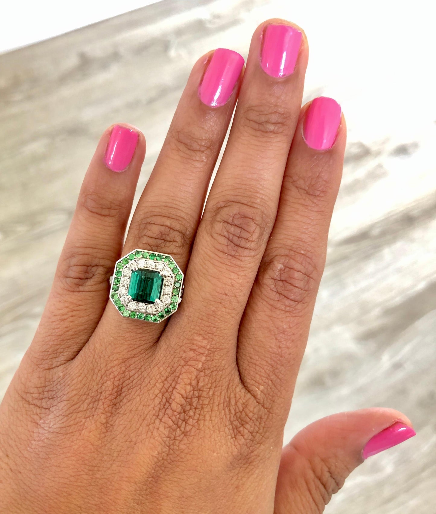 3.45 Carat Green Tourmaline Diamond 14 Karat White Gold Cocktail Ring