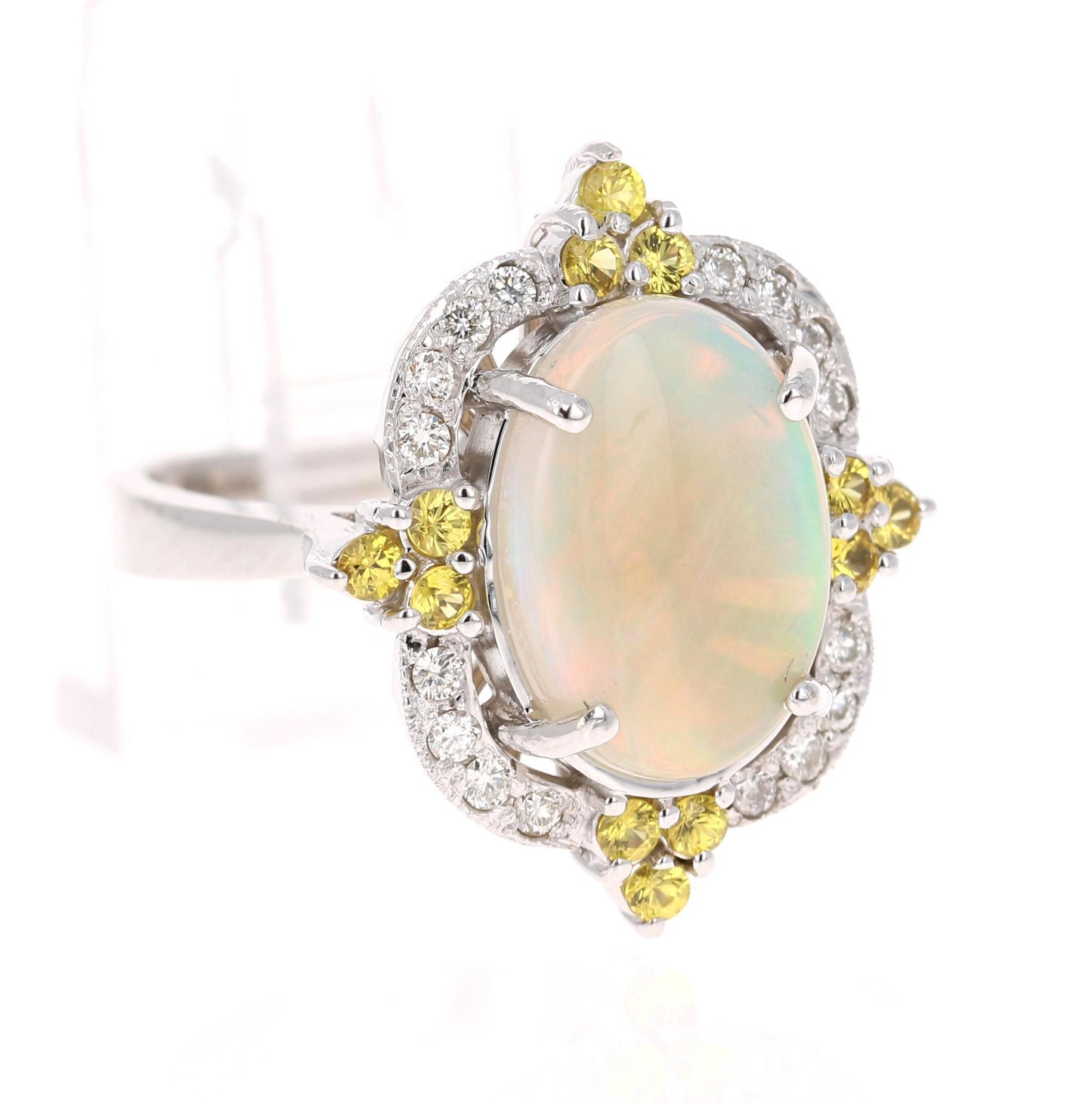 3.47 Carat Opal Yellow Sapphire Diamond 14 Karat White Gold Ring