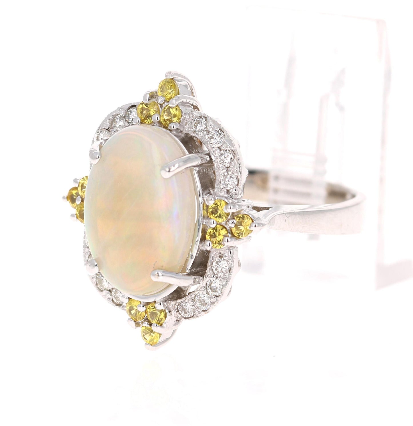 3.47 Carat Opal Yellow Sapphire Diamond 14 Karat White Gold Ring