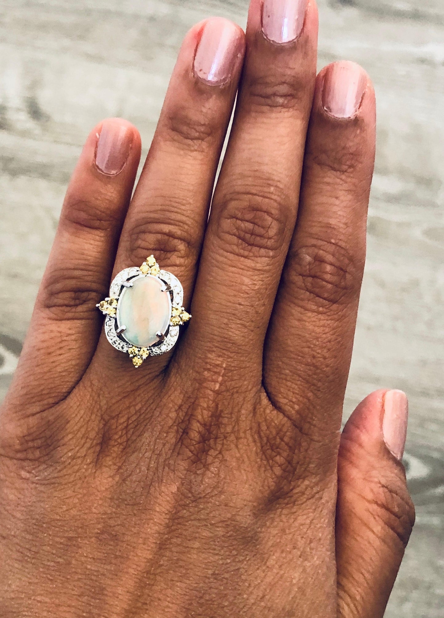 3.47 Carat Opal Yellow Sapphire Diamond 14 Karat White Gold Ring