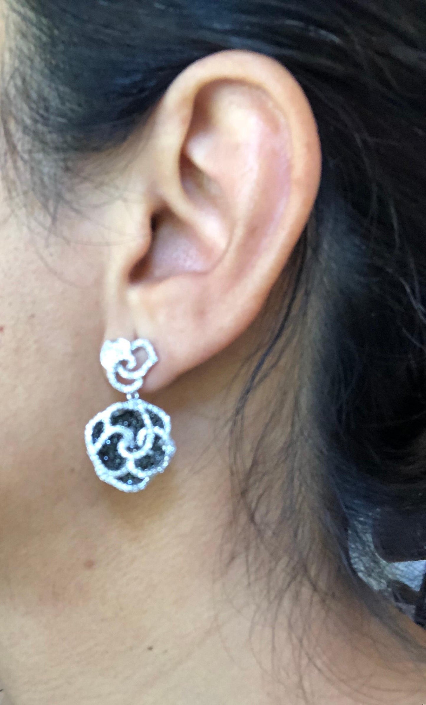 3.54 Carat Black White Diamond 14 Karat White Gold Rose Shape Earrings