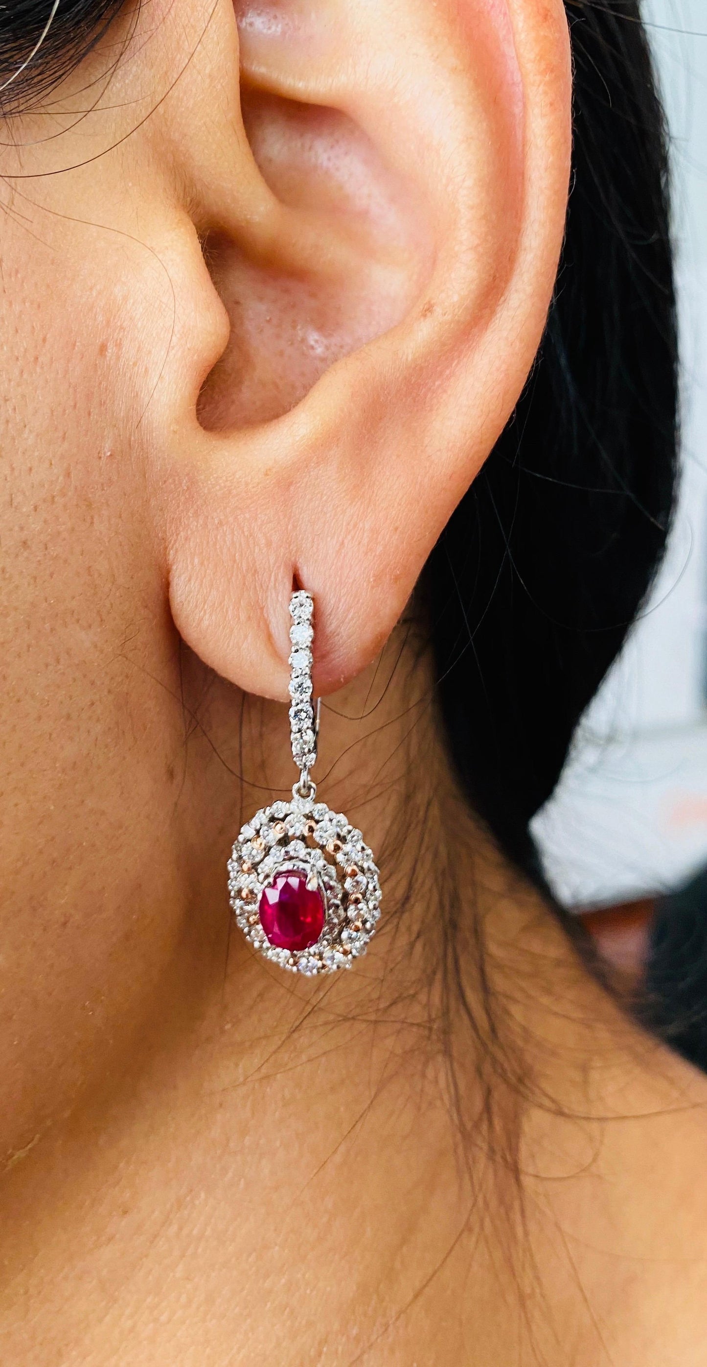 3.55 Carat Ruby Diamond White Gold Dangle Earrings