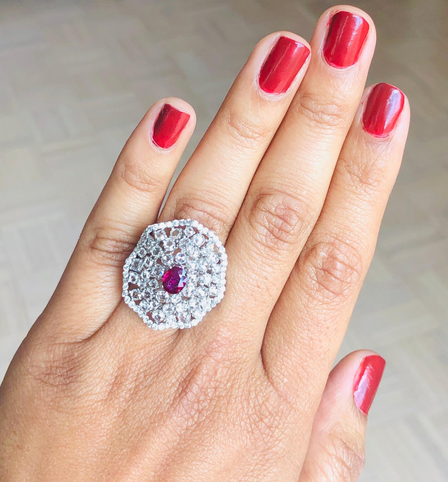 3.61 Carat Ruby Rose Cut Diamond 14 Karat White Gold Cocktail Ring