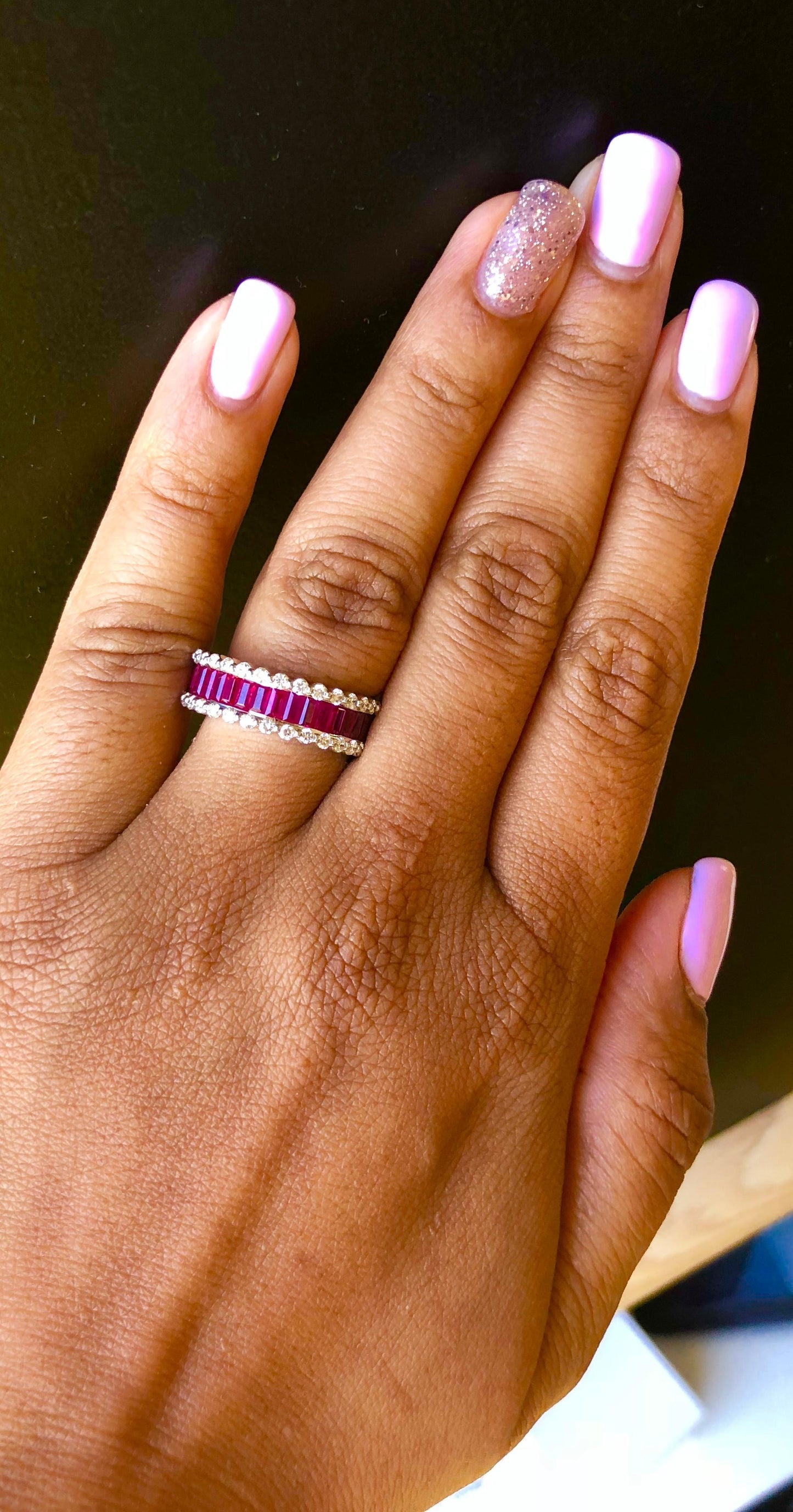 3.64 Carat Ruby Diamond 14 Karat White Gold Band