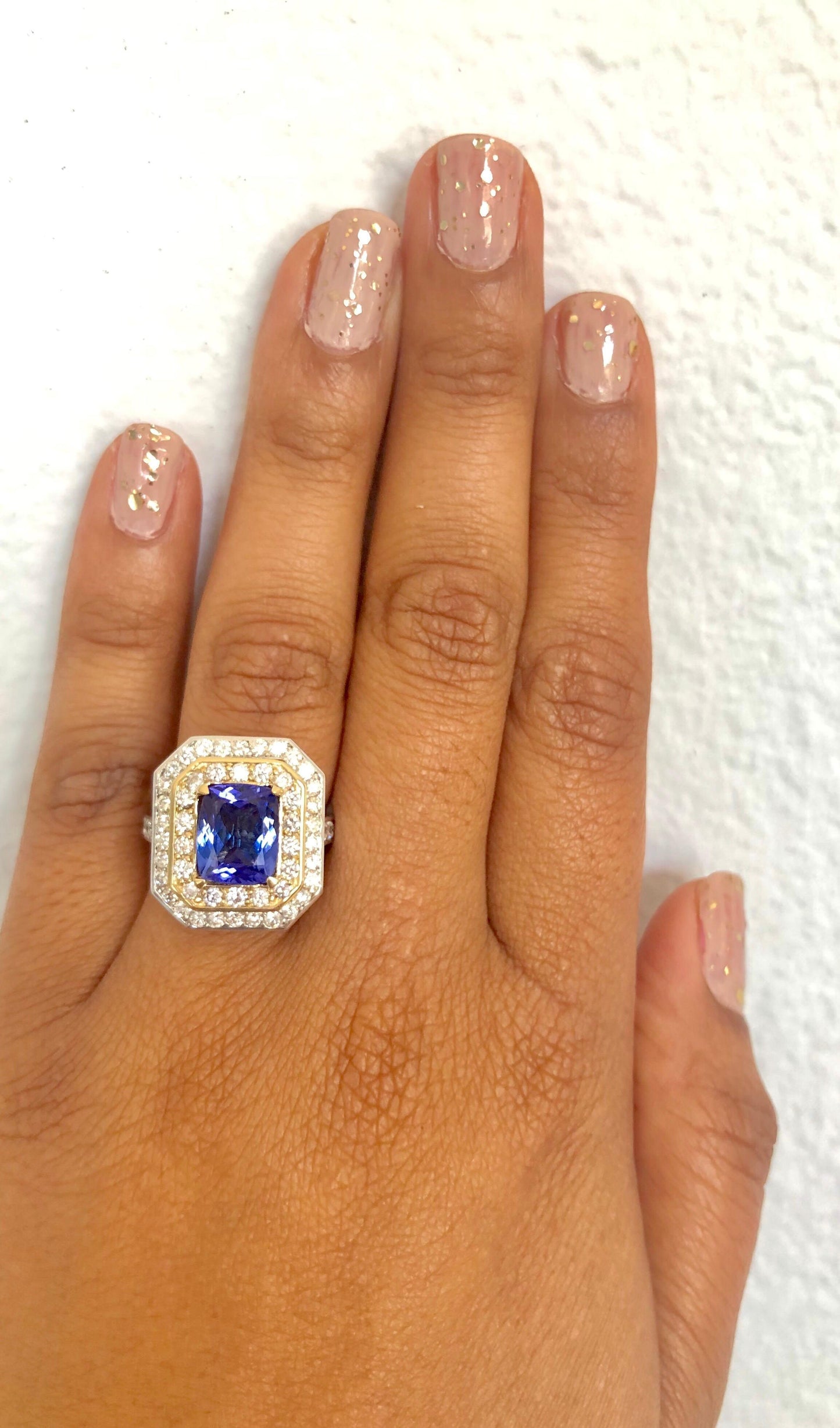 4.46 Carat Tanzanite Diamond 14 Karat White and Yellow Gold Cocktail Ring