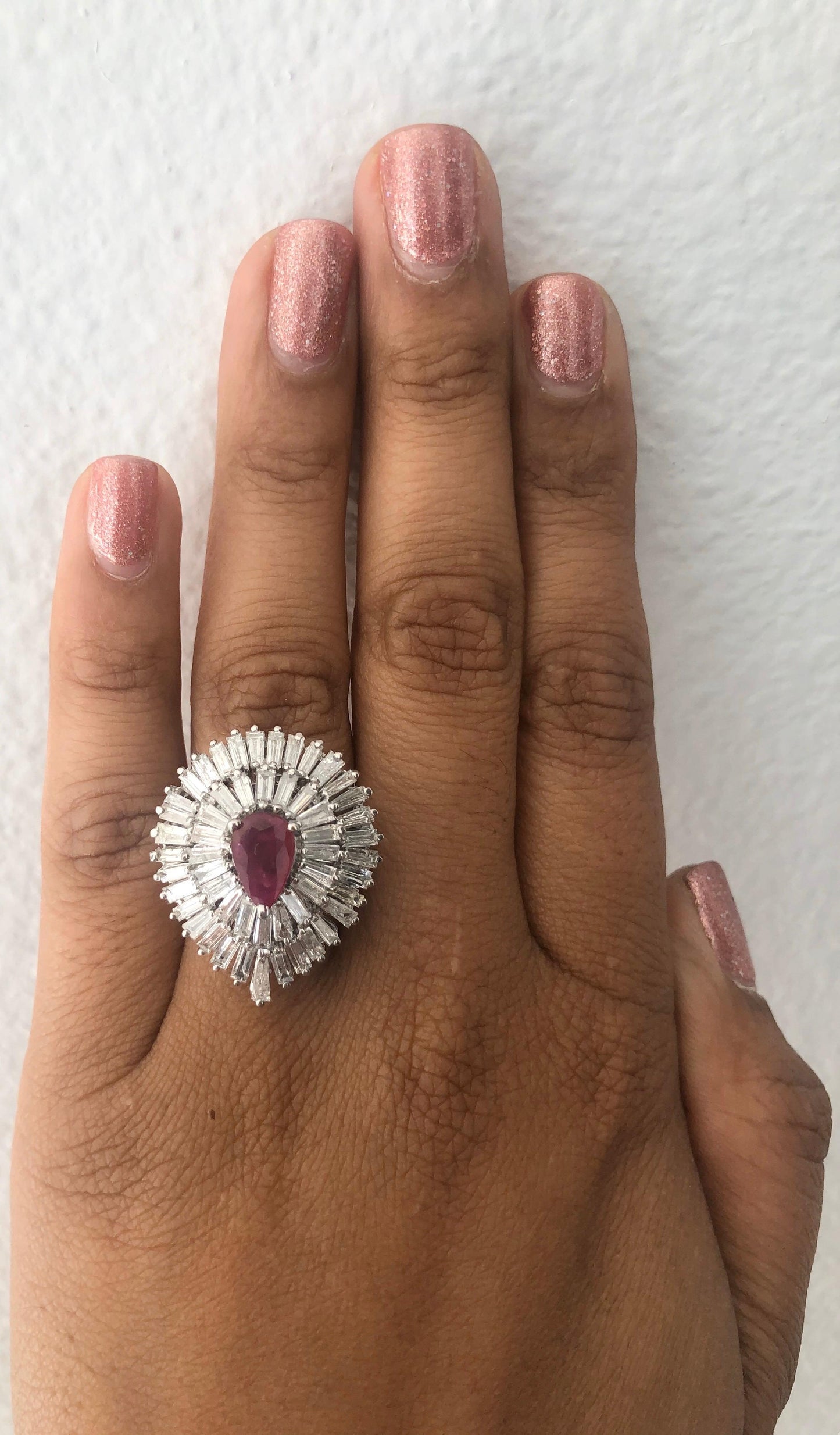 4.80 Carat Ruby Baguette Diamond 14 Karat White Gold Ballerina Cocktail Ring