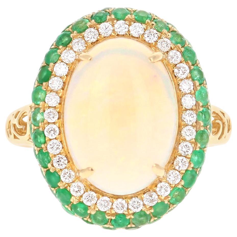4.82 Carat Opal, Emerald and Diamond 18 Karat Yellow Gold Ring