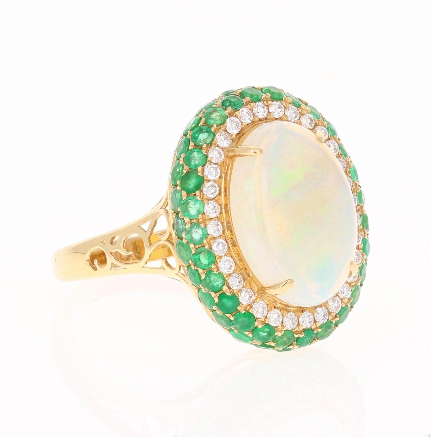 4.82 Carat Opal, Emerald and Diamond 18 Karat Yellow Gold Ring