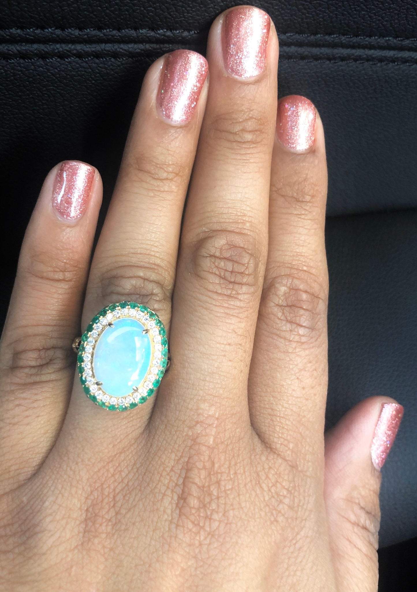 4.82 Carat Opal, Emerald and Diamond 18 Karat Yellow Gold Ring