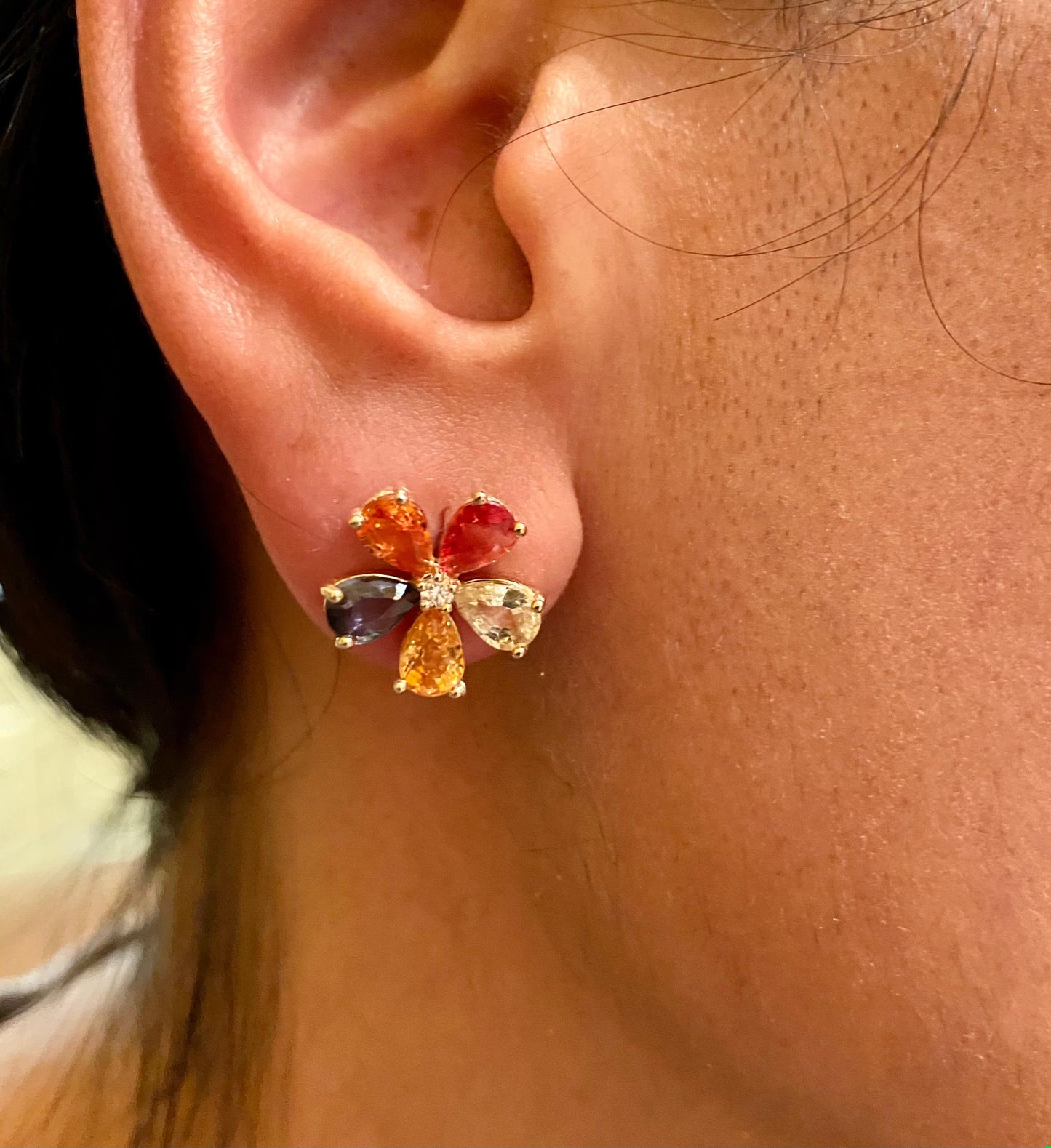 4.88 Carat Multi Sapphire Diamond 14 Karat Yellow Gold Floret Stud Earrings