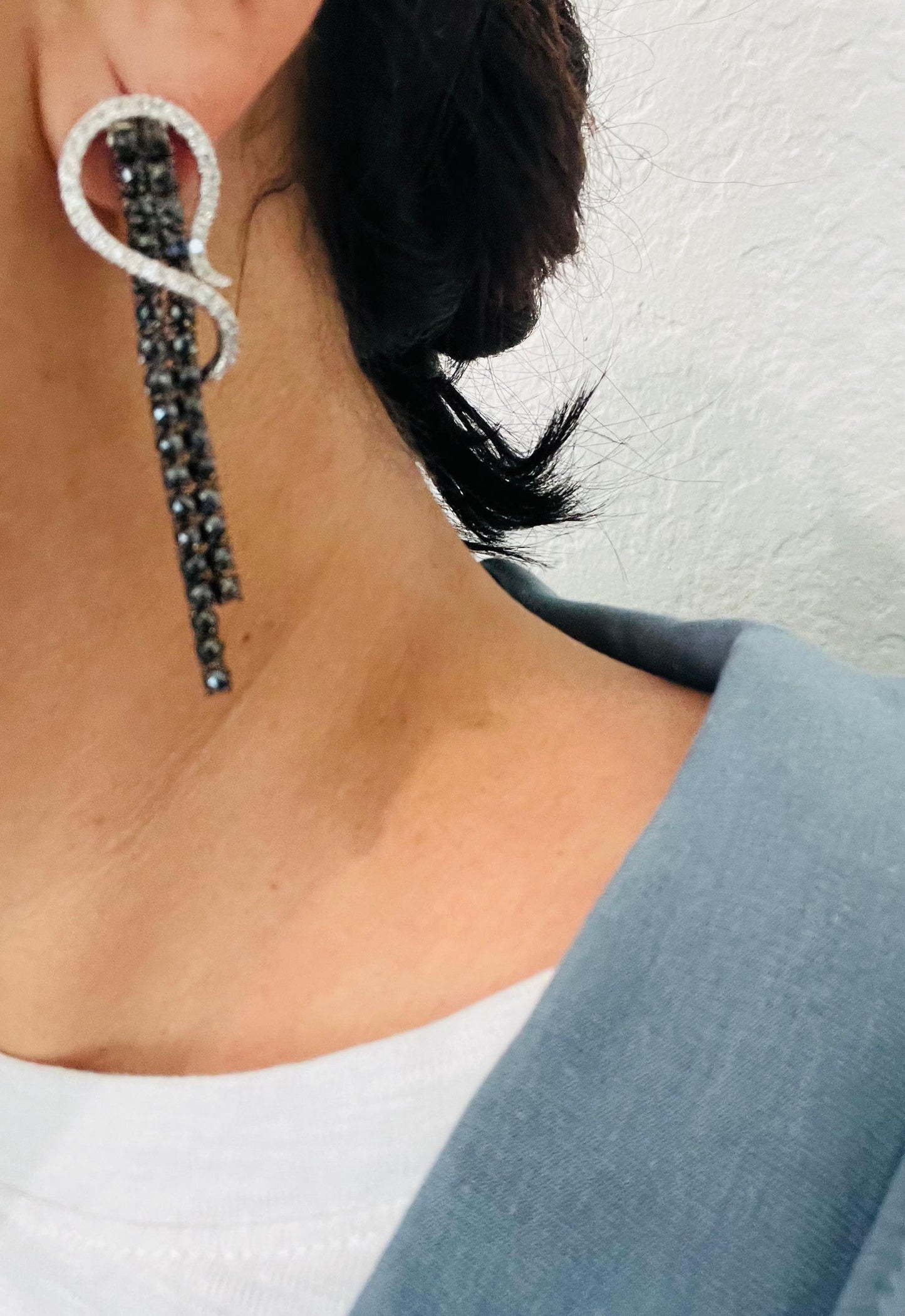 5.21 Carat Black Diamond White Diamond White Gold Dangle Earrings