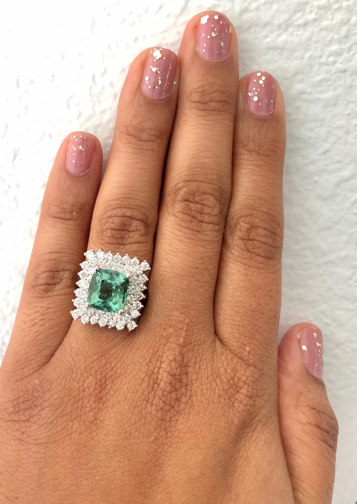 6.01 Carat Tourmaline Diamond 14 Karat White Gold Ring