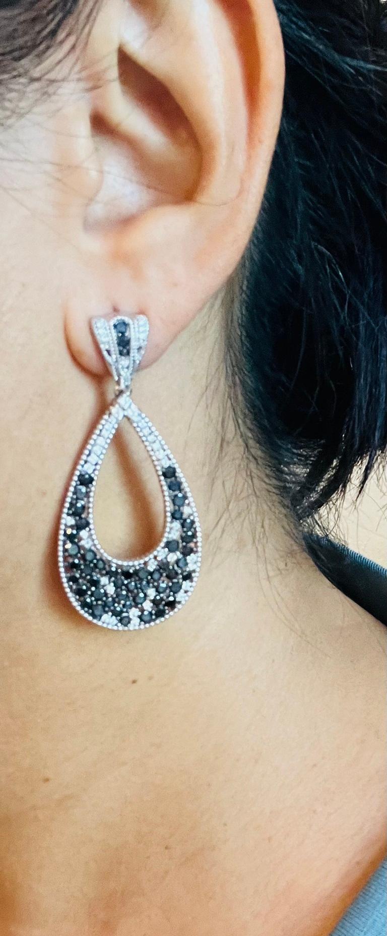 6.09 Carat Black Diamond White Diamond White Gold Dangle Earrings