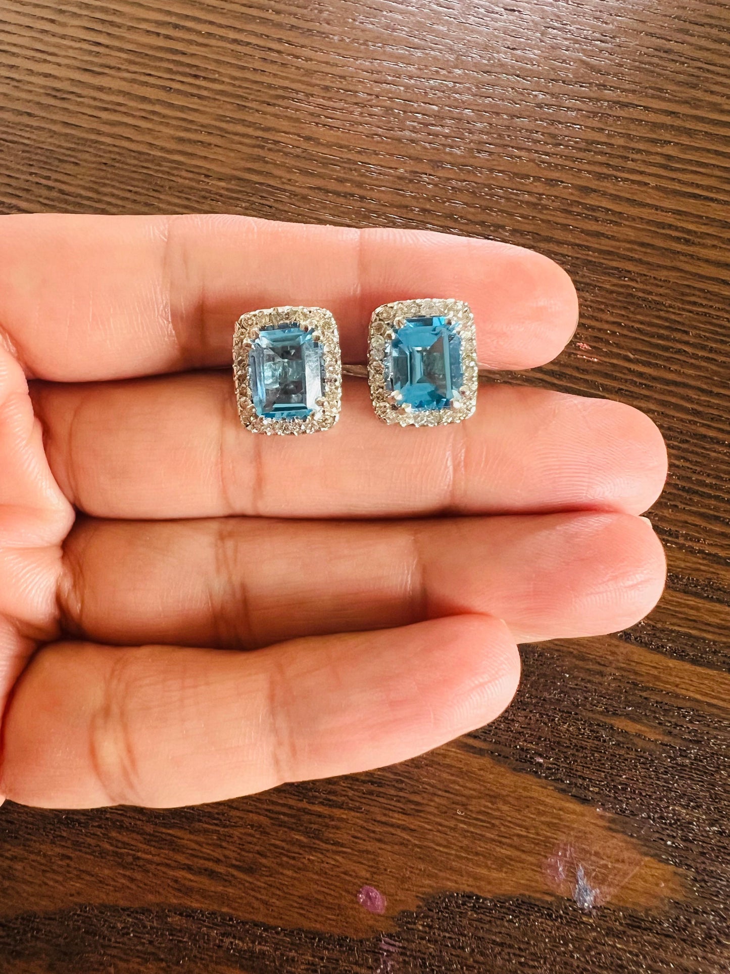 6.42 Carat Blue Topaz Diamond White Gold Earrings