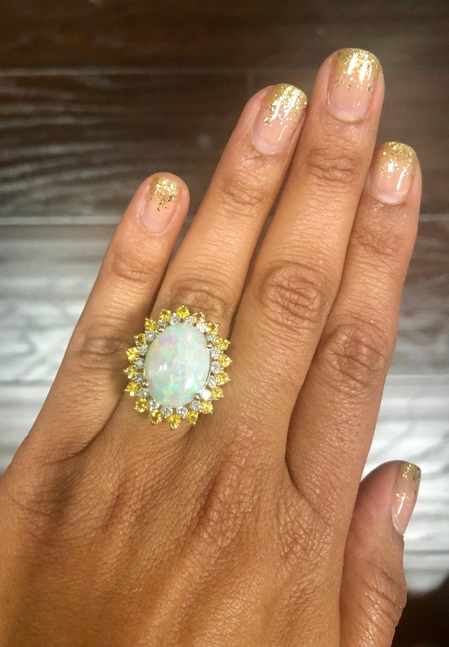 7.64 Carat Opal Yellow Sapphire and Diamond 14 Karat Yellow Gold Cocktail Ring