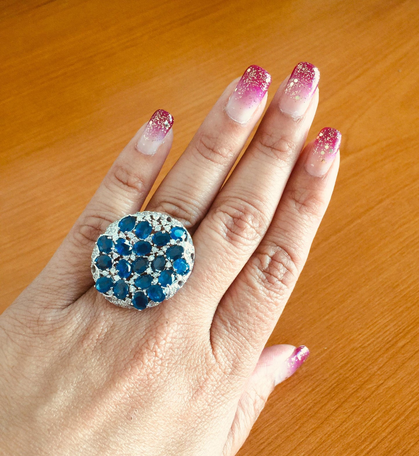 8.94 Carat Blue Sapphire Diamond Cocktail Ring 14 Karat White Gold