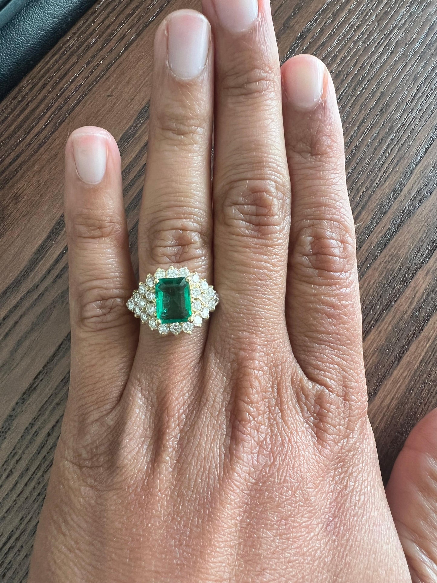 GIA Certified 3.46 Carat Emerald Diamond 18 Karat Yellow Gold Cluster Ring