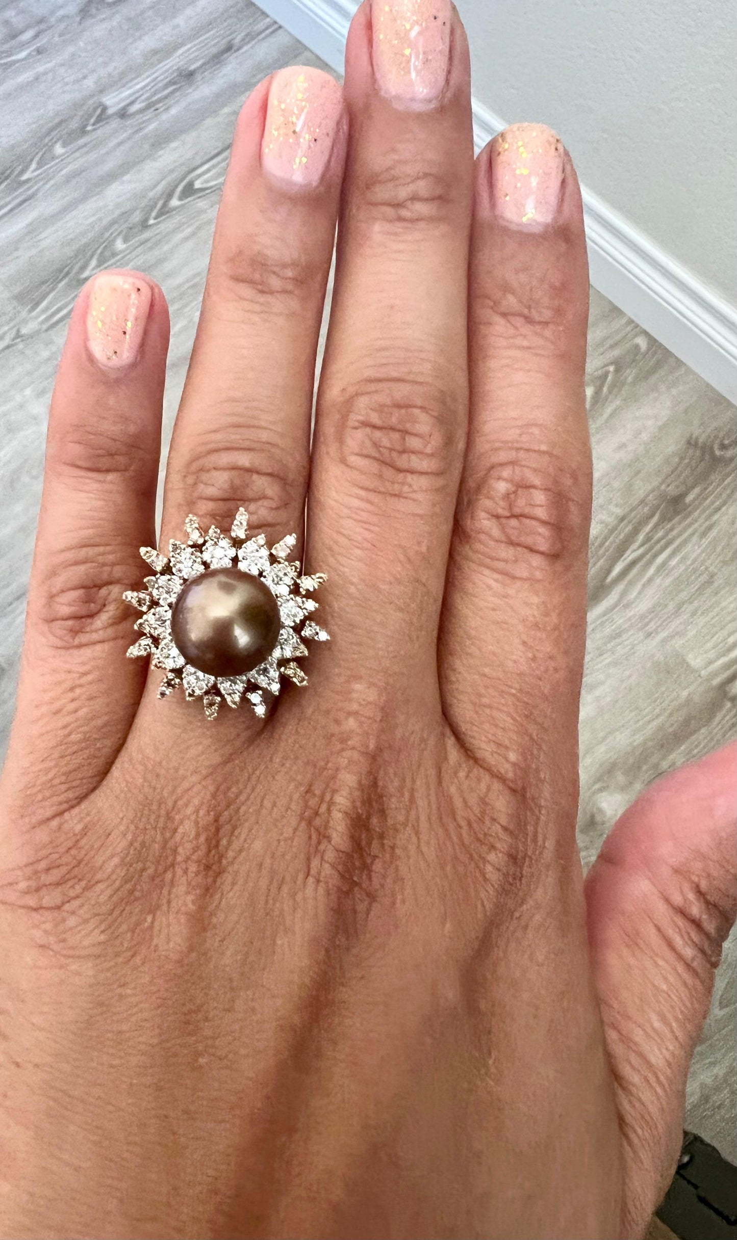 Natural Chocolate Tahitian Pearl Diamond 14 Karat Rose Gold Ring
