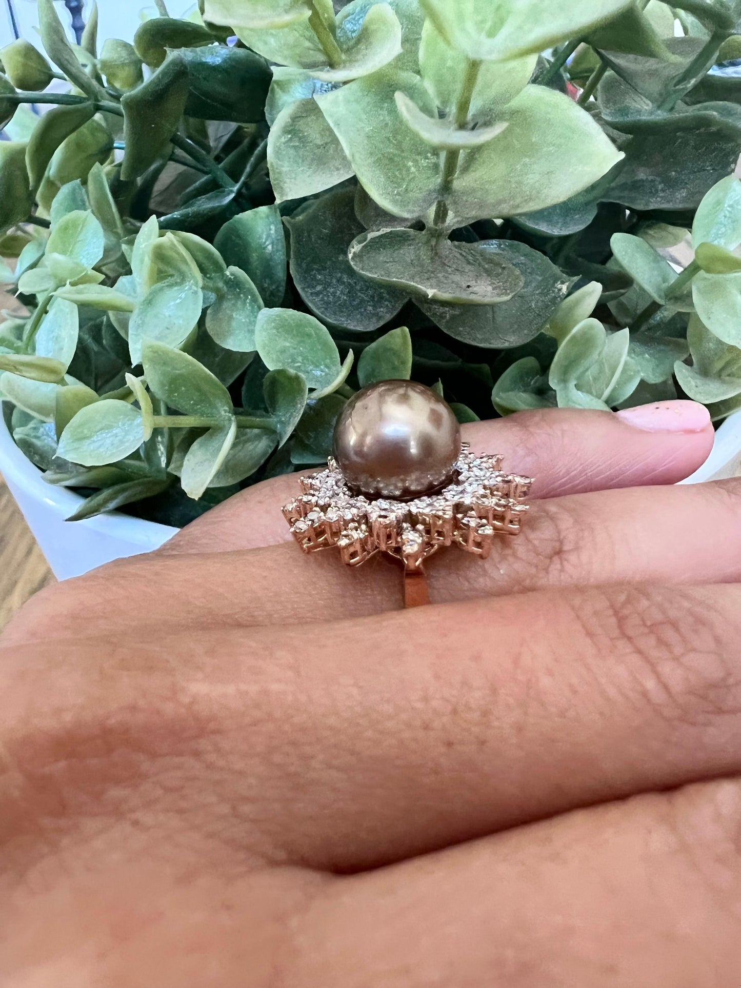 Natural Chocolate Tahitian Pearl Diamond 14 Karat Rose Gold Ring