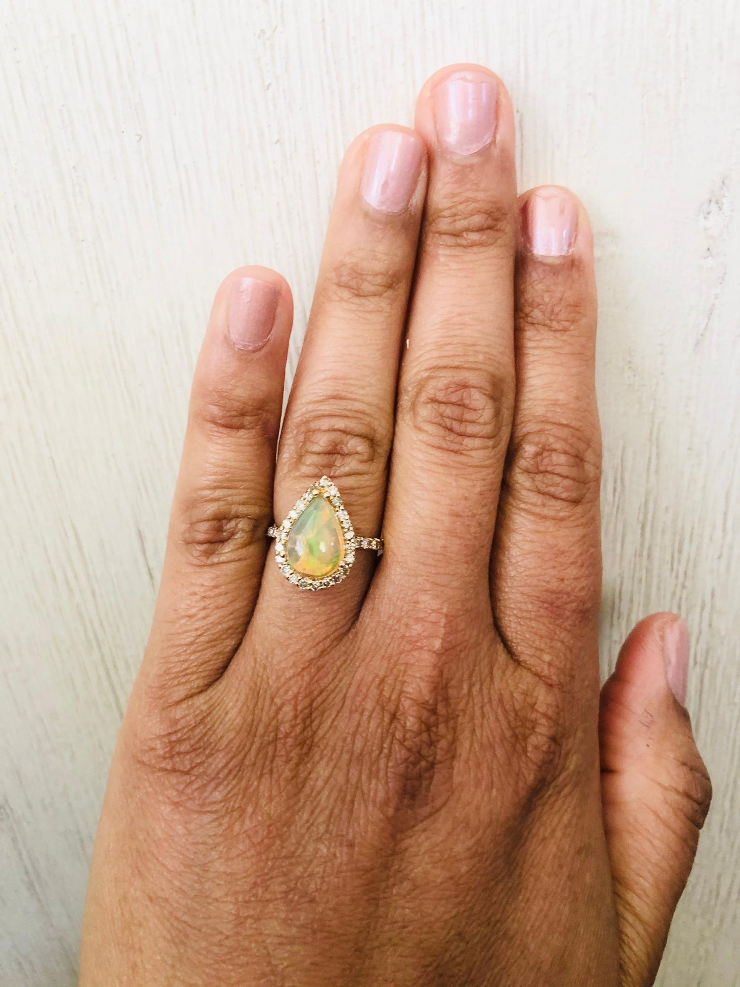 Opal Diamond Pear Cut 14 Karat Yellow Gold Ring