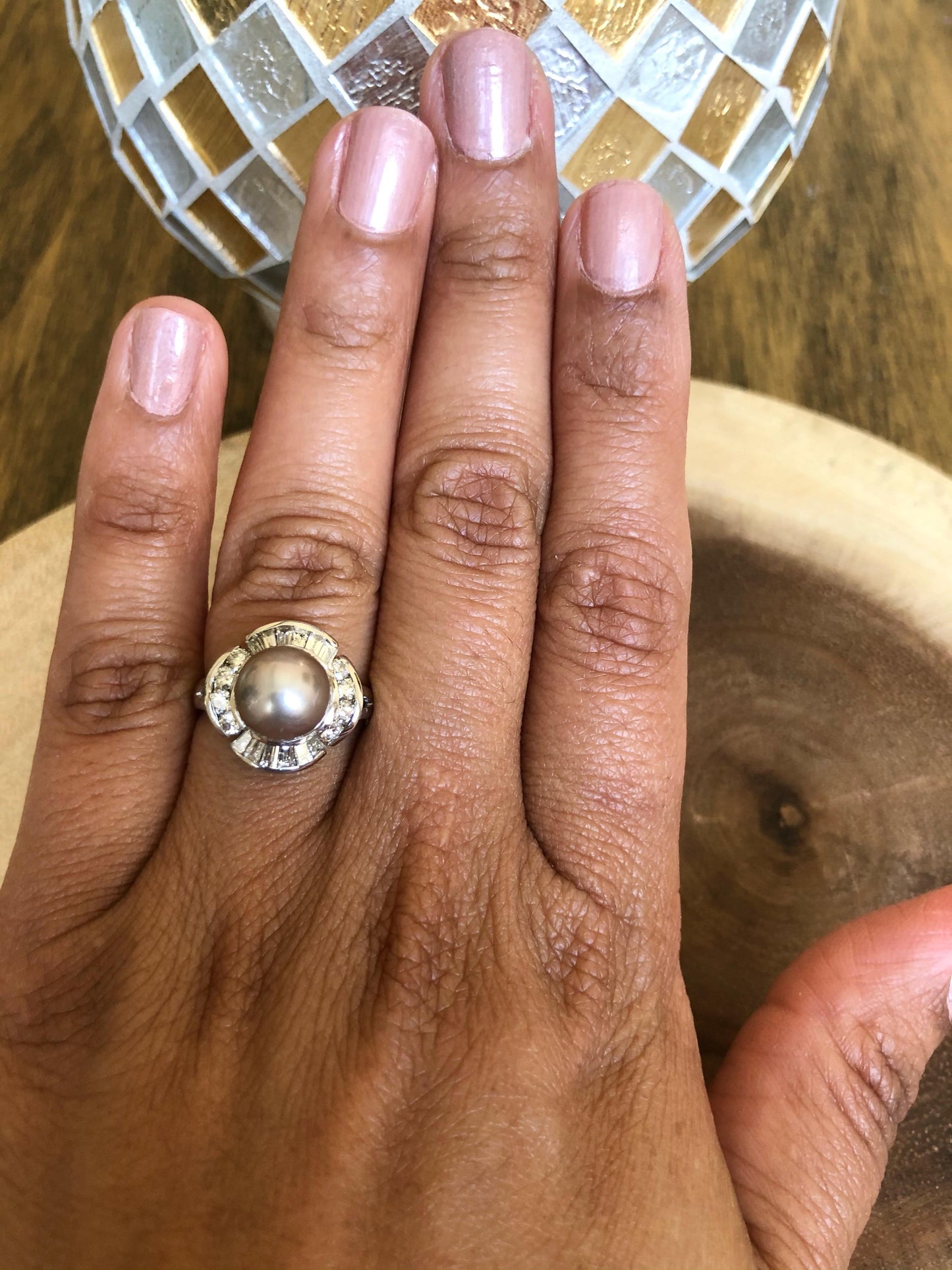 Tahitian Pearl Baguette Diamond 14 Karat White Gold Ring