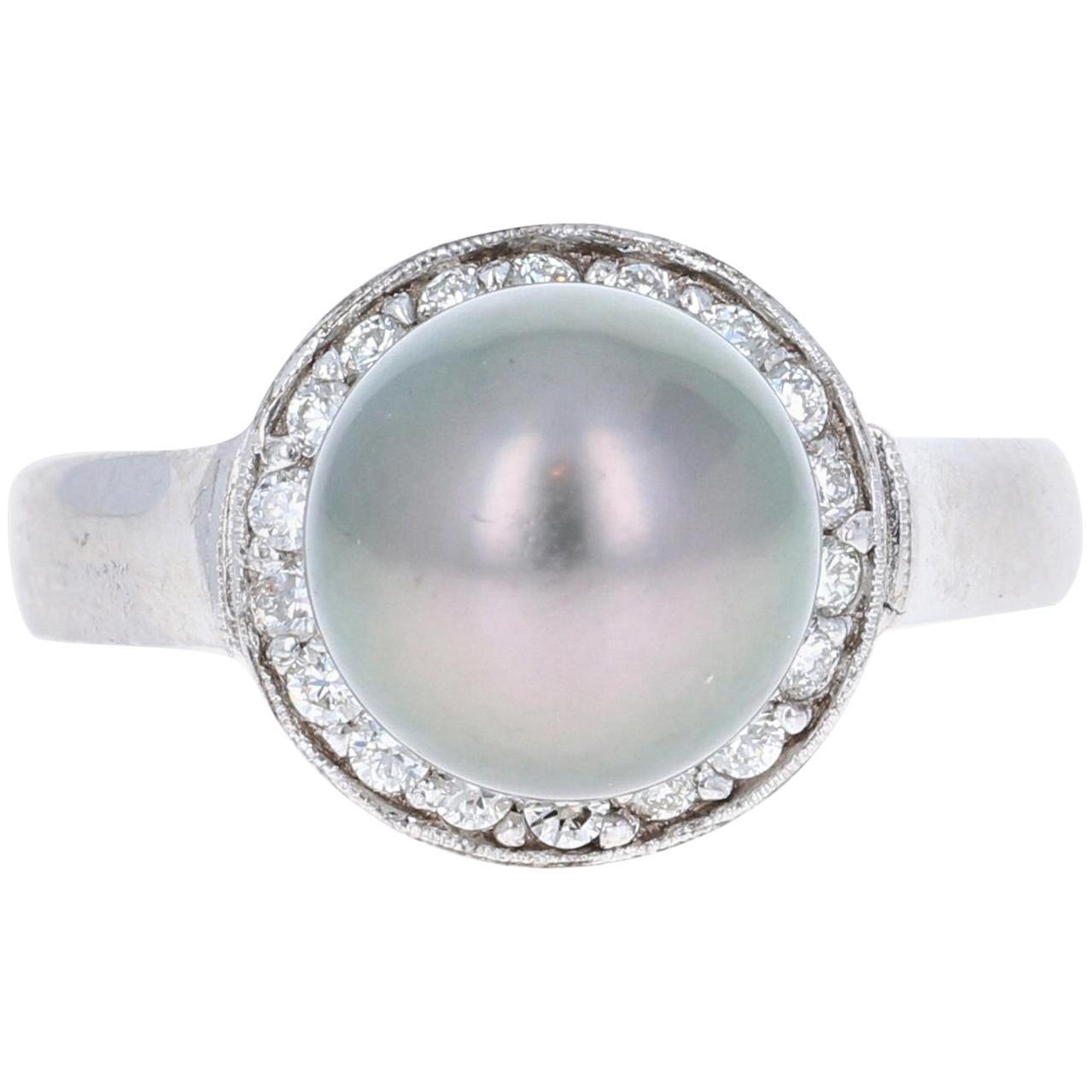 Tahitian Pearl and Diamond 14 Karat White Gold Ring