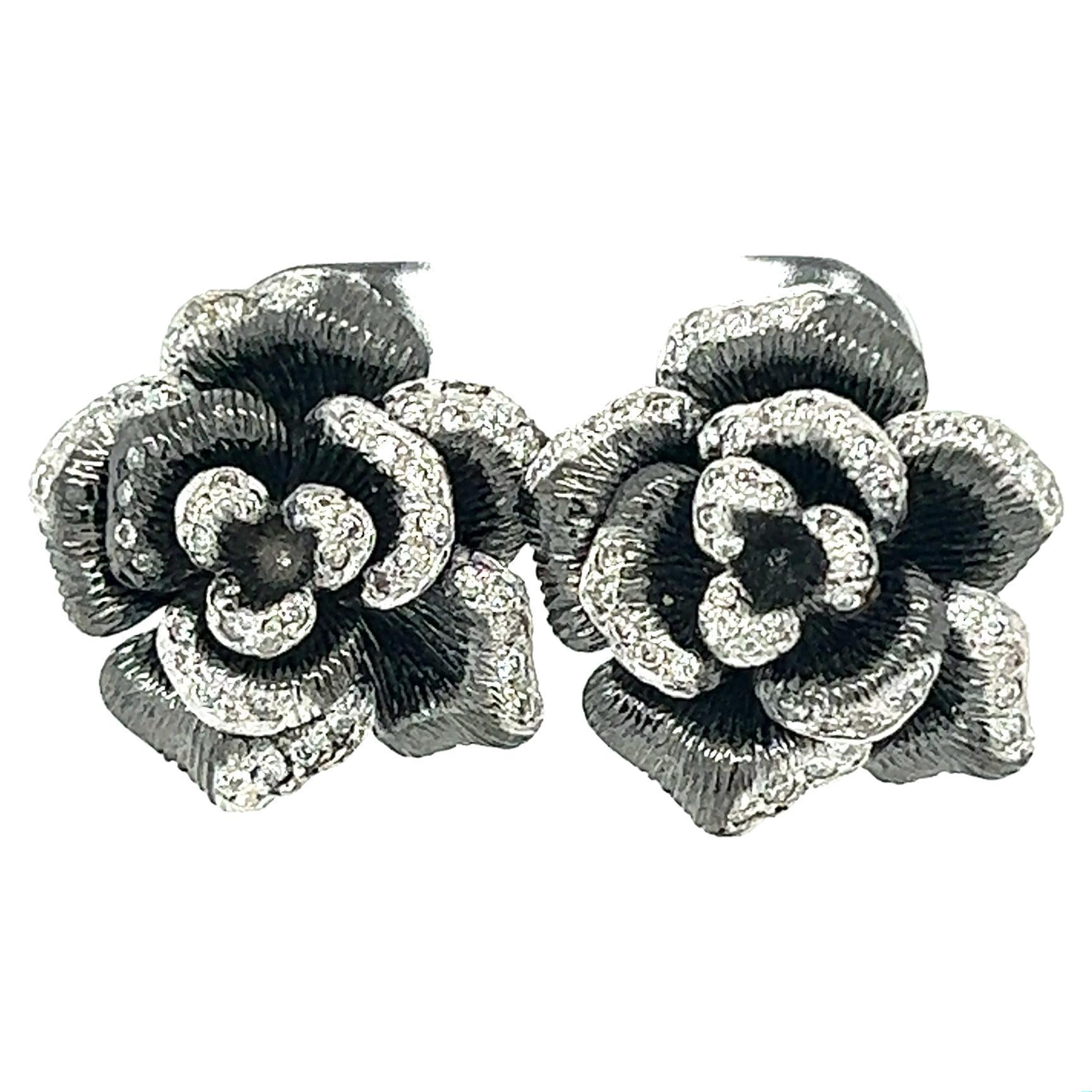 0.65 Carat Diamond Black Rhodium Gold Flower Earrings