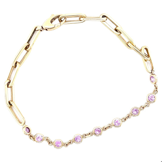0.93 Carat Natural Pink Sapphire Paperclip Yellow Gold Bracelet