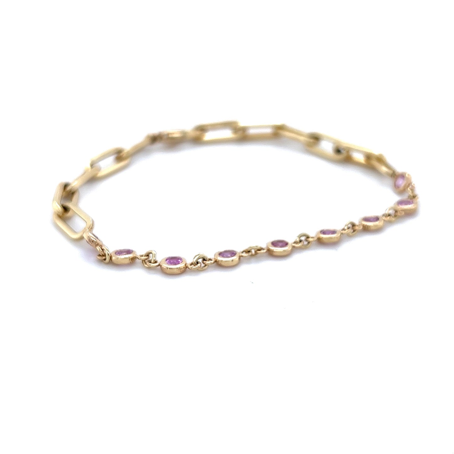 0.93 Carat Natural Pink Sapphire Paperclip Yellow Gold Bracelet